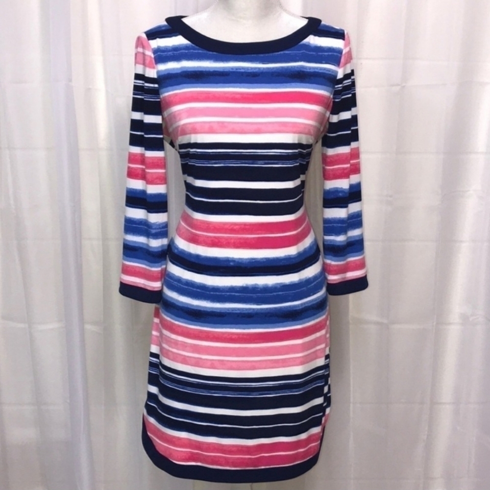 Vince Camuto Pink Blue Striped Sheath Dress Women's Size 12 Crew Neck Zip Back